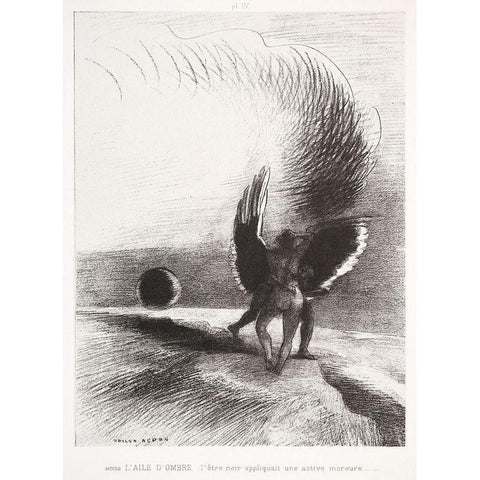 In the Shadow of the Wing, the Black Creature Bit Gold Ornate Wood Framed Art Print with Double Matting by Redon, Odilon