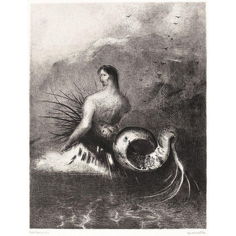 The Siren Clothed In Barbs, Emerged From the Waves Gold Ornate Wood Framed Art Print with Double Matting by Redon, Odilon