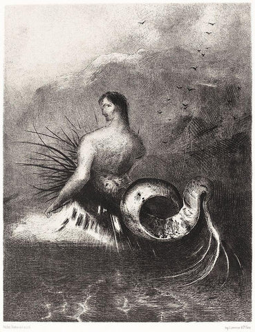 The Siren Clothed In Barbs, Emerged From the Waves Black Ornate Wood Framed Art Print with Double Matting by Redon, Odilon