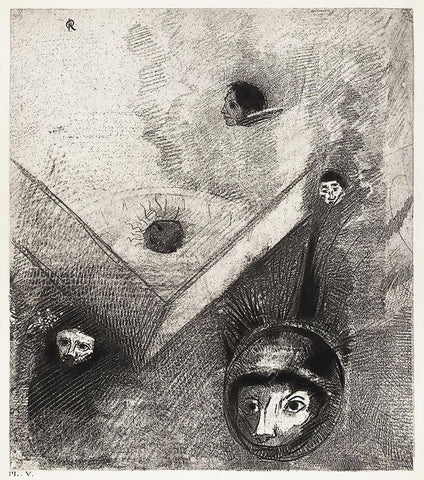On Backdrop of Our Nights God with His Knowing Finger Traces a Multiform Implacable NightmareÂ  Black Ornate Wood Framed Art Print with Double Matting by Redon, Odilon