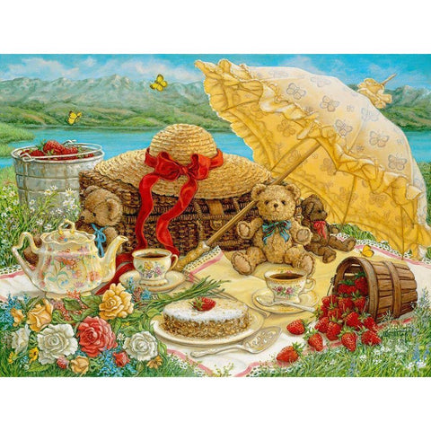 A Beary Nice Picnic Gold Ornate Wood Framed Art Print with Double Matting by Kruskamp, Janet