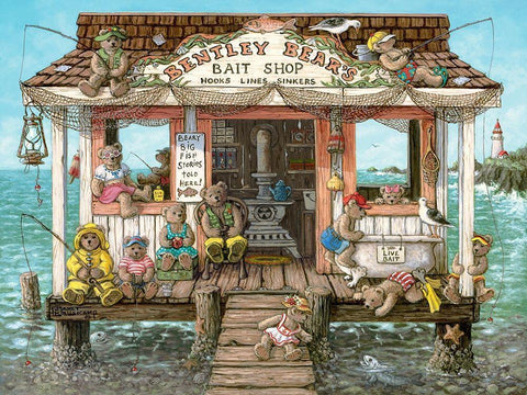 Bentley Bears Bait Shop Black Ornate Wood Framed Art Print with Double Matting by Kruskamp, Janet