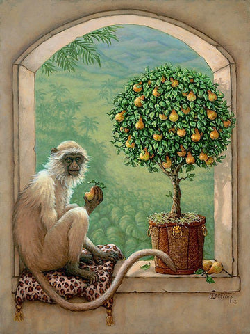 Monkey and Pear Tree Black Ornate Wood Framed Art Print with Double Matting by Kruskamp, Janet