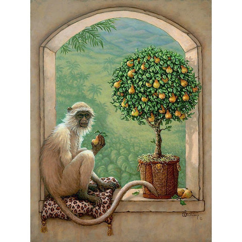 Monkey and Pear Tree White Modern Wood Framed Art Print by Kruskamp, Janet