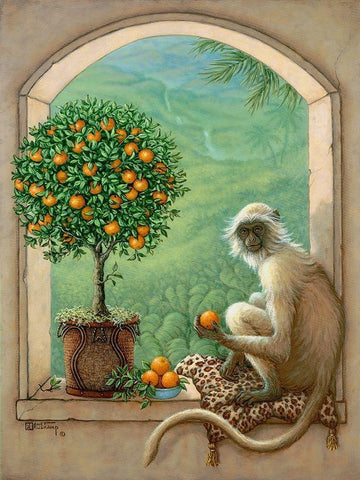 Monkey and Orange Tree Black Ornate Wood Framed Art Print with Double Matting by Kruskamp, Janet