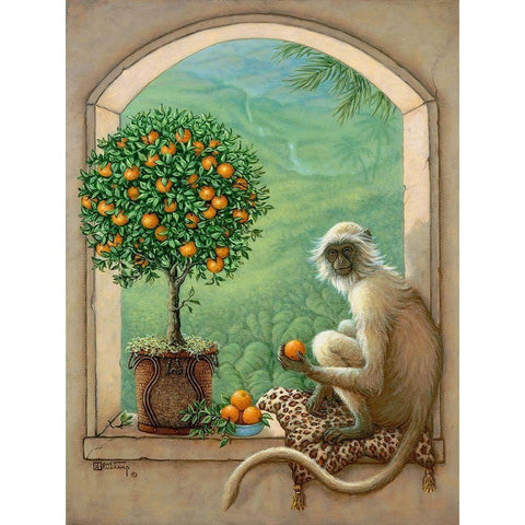 Monkey and Orange Tree Gold Ornate Wood Framed Art Print with Double Matting by Kruskamp, Janet