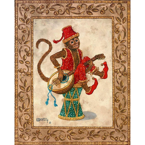 Monkey with Mandolin White Modern Wood Framed Art Print by Kruskamp, Janet