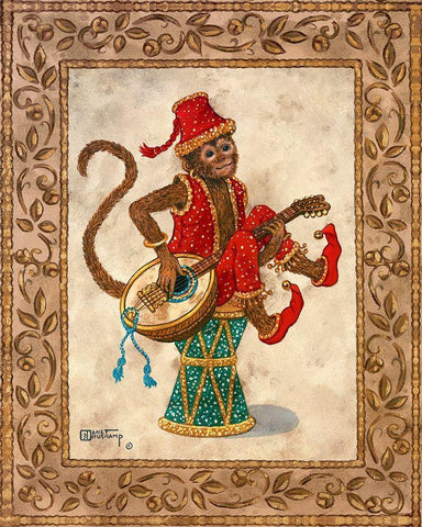 Monkey with Mandolin White Modern Wood Framed Art Print with Double Matting by Kruskamp, Janet