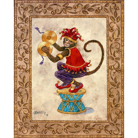 Monkey With Cymbals White Modern Wood Framed Art Print by Kruskamp, Janet