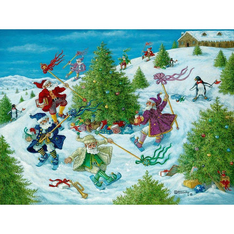 Santas Elves Celebrate Gold Ornate Wood Framed Art Print with Double Matting by Kruskamp, Janet