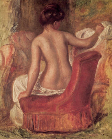 Nude in a Chair Black Ornate Wood Framed Art Print with Double Matting by Renoir, Pierre-Auguste