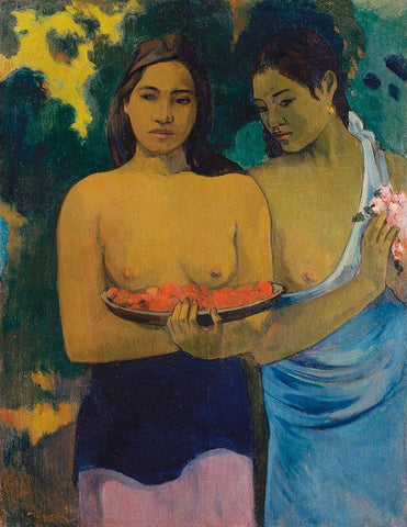 Two Tahitian Women White Modern Wood Framed Art Print with Double Matting by Gauguin, Paul