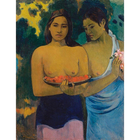 Two Tahitian Women White Modern Wood Framed Art Print by Gauguin, Paul