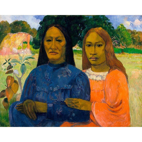 Two Women Gold Ornate Wood Framed Art Print with Double Matting by Gauguin, Paul