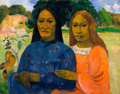 Two Women White Modern Wood Framed Art Print with Double Matting by Gauguin, Paul