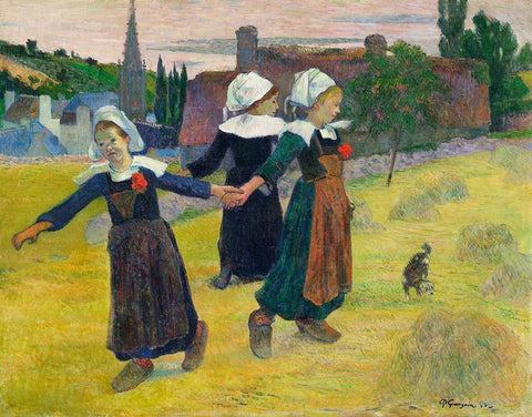 Breton Girls Dancing, Pont-Aven Black Ornate Wood Framed Art Print with Double Matting by Gauguin, Paul