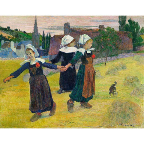 Breton Girls Dancing, Pont-Aven White Modern Wood Framed Art Print by Gauguin, Paul