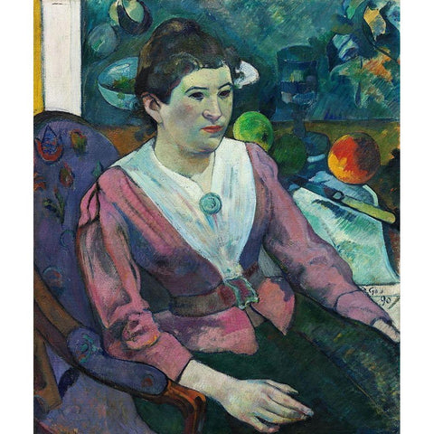 Woman in front of a Still Life by Cezanne Black Modern Wood Framed Art Print with Double Matting by Gauguin, Paul