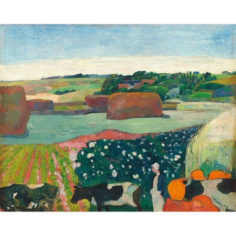 Haystacks in Brittany White Modern Wood Framed Art Print by Gauguin, Paul