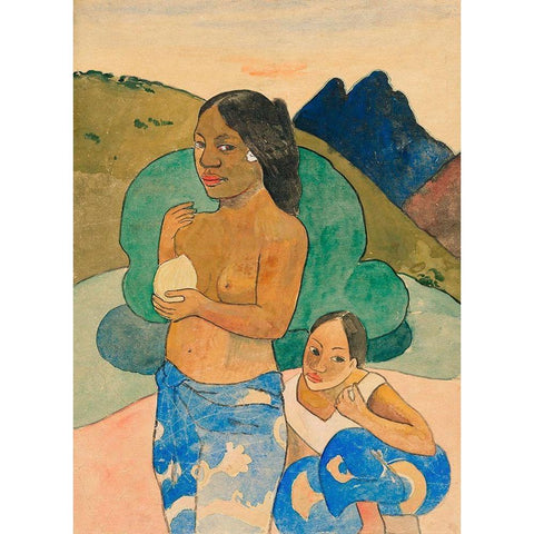 Two Tahitian Women in a Landscape Black Modern Wood Framed Art Print with Double Matting by Gauguin, Paul