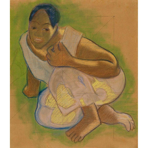 Crouching Tahitian Woman Gold Ornate Wood Framed Art Print with Double Matting by Gauguin, Paul