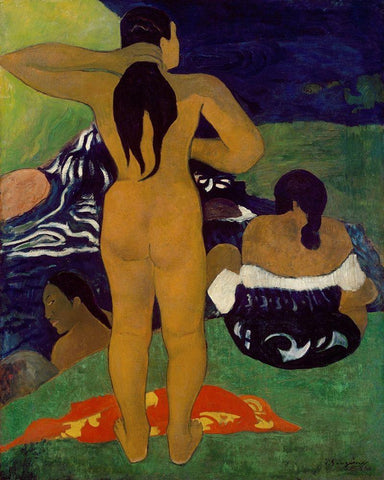 Tahitian Women Bathing Black Ornate Wood Framed Art Print with Double Matting by Gauguin, Paul