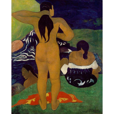 Tahitian Women Bathing Gold Ornate Wood Framed Art Print with Double Matting by Gauguin, Paul