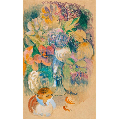 Still Life with Cat Gold Ornate Wood Framed Art Print with Double Matting by Gauguin, Paul