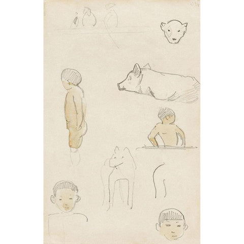 Sketches of Standing Figures and Animals Black Modern Wood Framed Art Print with Double Matting by Gauguin, Paul