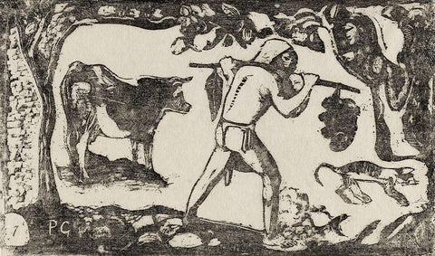 Tahitian Carrying Bananas, from the Suite of Late Wood-Block Black Ornate Wood Framed Art Print with Double Matting by Gauguin, Paul