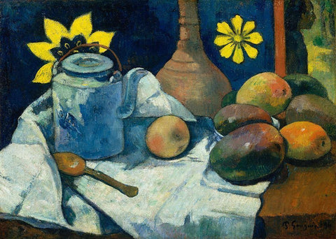 Still Life with Teapot and Fruit White Modern Wood Framed Art Print with Double Matting by Gauguin, Paul