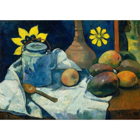 Still Life with Teapot and Fruit Gold Ornate Wood Framed Art Print with Double Matting by Gauguin, Paul