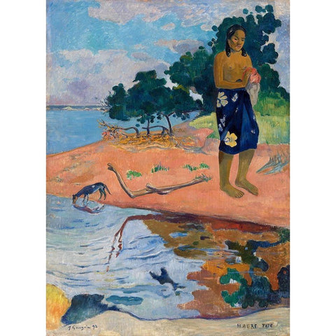 Haere Pape Gold Ornate Wood Framed Art Print with Double Matting by Gauguin, Paul