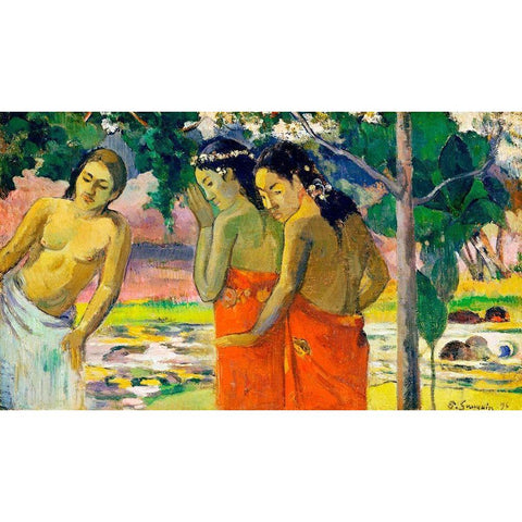 Three Tahitian Women Gold Ornate Wood Framed Art Print with Double Matting by Gauguin, Paul