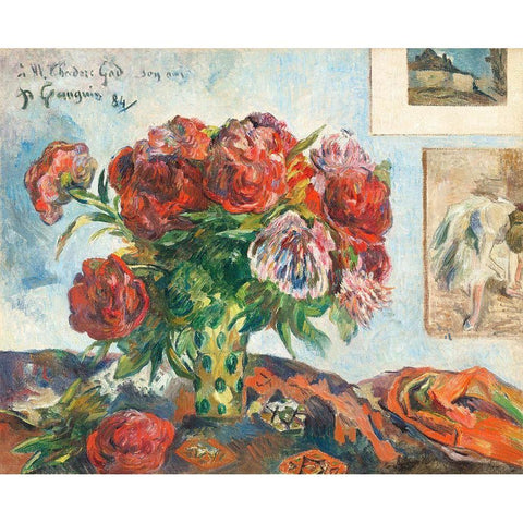 Still Life with Peonies Black Modern Wood Framed Art Print with Double Matting by Gauguin, Paul