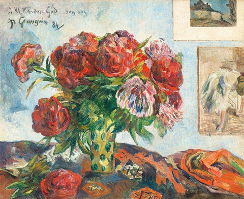 Still Life with Peonies Black Ornate Wood Framed Art Print with Double Matting by Gauguin, Paul