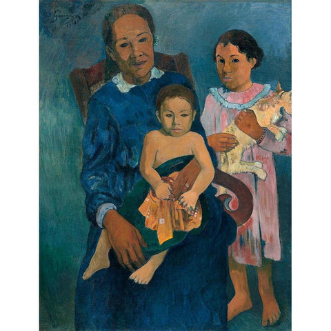 Polynesian Woman with Children Black Modern Wood Framed Art Print by Gauguin, Paul