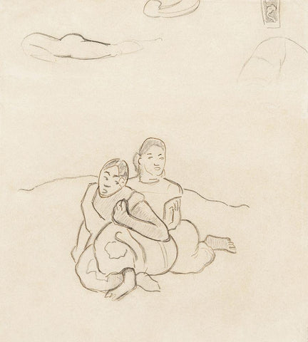 Seated Tahitian Women White Modern Wood Framed Art Print with Double Matting by Gauguin, Paul