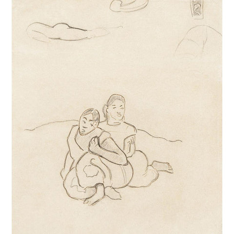 Seated Tahitian Women Black Modern Wood Framed Art Print by Gauguin, Paul