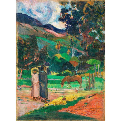 Tahitian Landscape White Modern Wood Framed Art Print by Gauguin, Paul