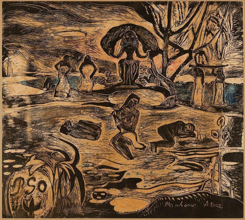 Day of the God (Mahana atua) Black Ornate Wood Framed Art Print with Double Matting by Gauguin, Paul
