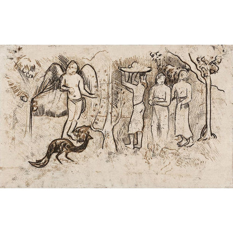 Angel, Peacock, and Three Tahitians Black Modern Wood Framed Art Print by Gauguin, Paul