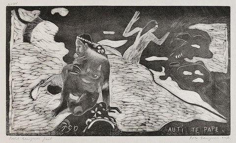 Women at the River (Auti te pape) from the Noa Noa Suite Black Ornate Wood Framed Art Print with Double Matting by Gauguin, Paul