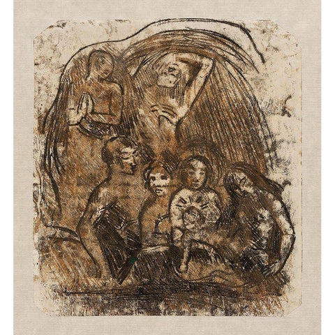 Nativity (Mother and Child Surrounded by Five Figures) Gold Ornate Wood Framed Art Print with Double Matting by Gauguin, Paul