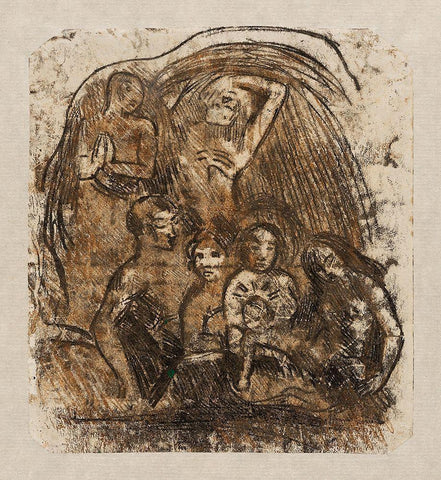 Nativity (Mother and Child Surrounded by Five Figures) White Modern Wood Framed Art Print with Double Matting by Gauguin, Paul