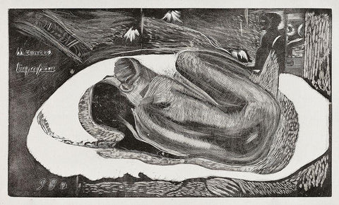 She Thinks of the Ghost or The Ghost Thinks of Her (Manao tupapau), from the Noa Noa Suite White Modern Wood Framed Art Print with Double Matting by Gauguin, Paul