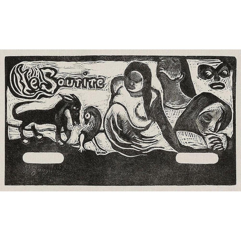 Three People, a Mask, a Fox and a Bird, headpiece for Le sourire Gold Ornate Wood Framed Art Print with Double Matting by Gauguin, Paul