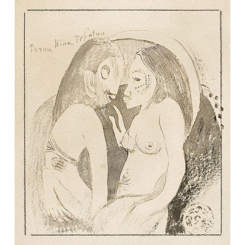 Words between Goddess of the Moon and God of the Earth (Parau Hina Tefatou) Gold Ornate Wood Framed Art Print with Double Matting by Gauguin, Paul