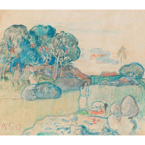 Tahitian Landscape White Modern Wood Framed Art Print by Gauguin, Paul