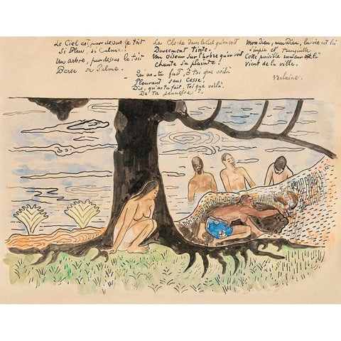 Tahitians Fishing White Modern Wood Framed Art Print by Gauguin, Paul